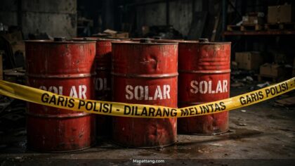 Drum solar merah bertuliskan SOLAR dipasangi garis polisi dilarang melintas di gudang Wonomulyo