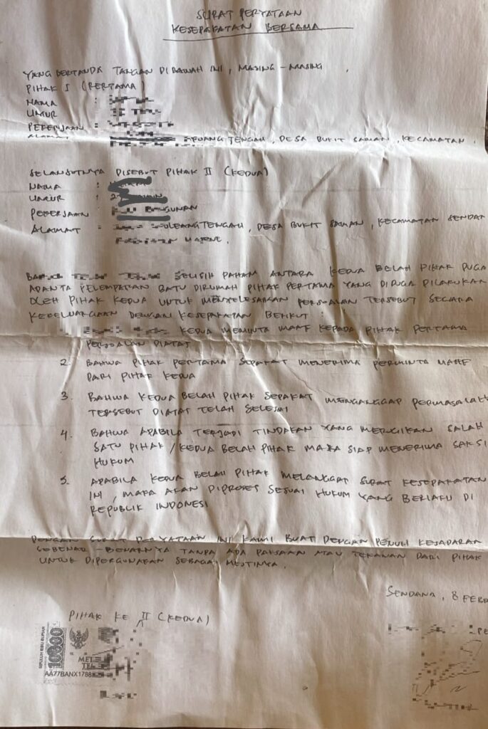 surat pernyataan kesepakatan bersama damai bermaterai 10 ribu polsek sendana februari 2026