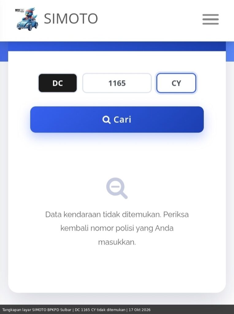 Hasil cek SIMOTO BPKPD Sulbar plat DC 1165 CY tidak ditemukan